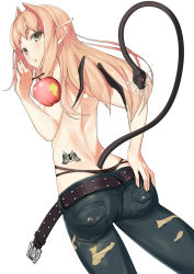Rule 34 | 1girl, apple, ass, back, bad id, bad pixiv id, belt, brown hair, colored eyelashes, demon girl, demon wings, denim, food, from behind, fruit, holding, jeans, kinugasa yuuichi, long hair, looking at viewer, open mouth, original, panties, pants, pointy ears, simple background, snake, solo, tail, tattoo, tomboy, topless, torn clothes, underwear, white background, wings, yellow eyes