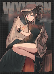 Rule 34 | 1girl, black dress, black footwear, blunt bangs, braid, breasts, breath weapon, breathing fire, brown coat, brown hat, bullfalk, china dress, chinese clothes, coat, commentary request, dragon girl, dragon wings, dress, ear piercing, earrings, english text, fire, fog, grid background, hand in pocket, hat, highres, holding, jewelry, looking at viewer, medium breasts, original, piercing, red eyes, sidelocks, single bare leg, sitting, solo, unworn coat, wings