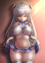 Rule 34 | 1girl, artist name, azur lane, bare shoulders, belt, black choker, blush, breasts, character name, cheerleader, choker, clothes lift, collarbone, collared shirt, commentary request, cowboy shot, crop top, cygnet (azur lane), cygnet (royal fanfare) (azur lane), elbow gloves, frown, gloves, gluteal fold, groin, hair ornament, hair ribbon, highres, impossible clothes, impossible shirt, large breasts, lifting own clothes, light rays, long hair, looking at viewer, midriff, miniskirt, navel, panties, panty peek, pink background, purple skirt, red eyes, ribbon, sawa (sawaillust), shadow, shirt, sidelocks, skirt, skirt lift, sleeveless, sleeveless shirt, solo, sunbeam, sunlight, tears, thighhighs, two side up, underwear, whistle, whistle around neck, white belt, white gloves, white hair, white panties, white shirt, white thighhighs, yellow ribbon, zettai ryouiki