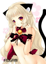 Rule 34 | 1girl, animal ear fluff, animal ears, bad id, bad pixiv id, bell, blonde hair, breasts, cat ears, cat tail, collar, flower, frills, jingle bell, juna, long hair, medium breasts, multicolored eyes, narrow waist, navel, neck bell, original, out-of-frame censoring, purple eyes, solo, tail, underboob, very long hair, wavy hair, wrist cuffs, yellow eyes