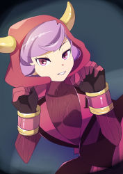 Rule 34 | 1girl, 34 (sanjushi), breasts, courtney (pokemon), creatures (company), fake horns, game freak, gloves, highres, hood, horned headwear, horns, looking at viewer, nintendo, pokemon, pokemon oras, purple hair, ribbed sweater, short hair, simple background, smile, solo, sweater, team magma, team magma uniform