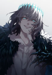 Rule 34 | 1boy, blue eyes, cape, crown, fate/grand order, fate (series), fur-trimmed cape, fur trim, grey hair, grin, highres, long hair, looking at viewer, male focus, oberon (fate), oberon (third ascension) (fate), shirt, smile, solo, spoilers, upper body, waniwani4869, white background