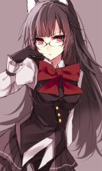 Rule 34 | 1girl, animal ears, aosaki yukina, bad id, bad twitter id, black gloves, black hair, blouse, blunt bangs, bow, bowtie, breasts, collared shirt, commentary request, cowboy shot, fox ears, glasses, gloves, grey background, long hair, looking at viewer, medium breasts, original, red bow, red bowtie, red eyes, shirt, simple background, sketch, solo, standing, white shirt