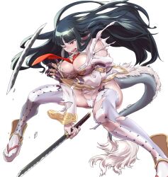 Rule 34 | 1girl, arm guards, ass, black hair, blunt bangs, blush, breasts, broken, broken sword, broken weapon, cameltoe, claws, cleavage, cleft of venus, copyright request, dragon tail, gluteal fold, highres, hime cut, holding, holding sword, holding weapon, katana, large breasts, leotard, long hair, long sleeves, necktie, okobo, one eye closed, open mouth, puffy sleeves, red necktie, sandals, simple background, solo, sword, tail, thighhighs, thighs, torn clothes, very long hair, weapon, white background, zunta