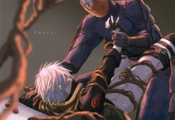 Rule 34 | 2boys, abs, arm grab, artist name, bandaged head, bandages, bdsm, black gloves, black hair, blush, bondage, bound, closed eyes, clothed sex, commentary request, cum, cum on self, gloves, grey hair, hatake kakashi, holding another&#039;s wrist, improvised bondage, looking at another, lying, male focus, mask, missionary, multiple boys, naruto (series), naruto shippuuden, on back, pants, penis, plant roots, qwer00138, red eyes, sex, sharingan, short hair, torn clothes, trembling, uchiha obito, yaoi