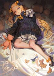 Rule 34 | 1girl, abigail williams (fate), alphonse (white datura), animal, bed sheet, black bow, black dress, black footwear, black hat, blonde hair, bloomers, blue eyes, bow, bug, butterfly, commentary request, dress, fate/grand order, fate (series), female focus, forehead, full body, hair bow, hands in opposite sleeves, hat, high heels, insect, long hair, long sleeves, looking at viewer, lying, on back, orange bow, parted bangs, parted lips, polka dot, polka dot bow, shoes, solo, stuffed animal, stuffed toy, teddy bear, underwear, very long hair, white bloomers