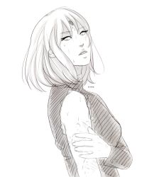 Rule 34 | 1girl, artist name, breasts, dymx, facial mark, forehead mark, haruno sakura, head tilt, lips, long sleeves, monochrome, naruto, naruto (series), parted lips, shirt, short hair, simple background, solo, sweat, torn clothes, upper body, white background