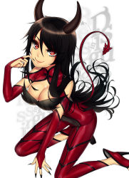 Rule 34 | 1girl, arm support, bare shoulders, black hair, breasts, bridal gauntlets, cleavage, cleavage cutout, clothing cutout, demon girl, demon tail, artistic error, female focus, finger to mouth, fingernails, from side, full body, hair between eyes, halterneck, high heels, highres, horns, kneeling, large breasts, leaning forward, light smile, long fingernails, long hair, looking at viewer, nail polish, original, parted bangs, rakkou, red eyes, sharp fingernails, shoes, smile, solo, swept bangs, tail, turtleneck, unitard, very long hair, white background