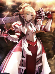 Rule 34 | 1girl, armor, blonde hair, breastplate, clarent (fate), cloud, cloudy sky, fate/apocrypha, fate (series), faulds, gauntlets, green eyes, grin, hair ornament, hair scrunchie, highres, holding, holding sword, holding weapon, light rays, lightning, loincloth, long hair, looking at viewer, mordred (fate), mordred (fate/apocrypha), orange sky, outdoors, over shoulder, pauldrons, planted, planted sword, planted weapon, ponytail, red scrunchie, scrunchie, shigure s, shoulder armor, sky, smile, solo, standing, sunlight, sword, sword over shoulder, weapon, weapon over shoulder