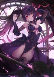 Rule 34 | 1girl, armor, bikini armor, breasts, date a live, gluteal fold, heterochromia, highres, leotard, looking at viewer, medium breasts, natsume yochiki, red eyes, smile, solo, thighhighs, thighs, tokisaki kurumi, twintails, yellow eyes