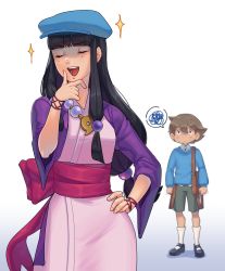 Rule 34 | 1boy, 1girl, :d, ace attorney, maya fey, barley juice, black hair, blue headwear, brown hair, clenched hands, cowboy shot, full body, hair bobbles, hair ornament, hand on own hip, hand on own face, hat, highres, japanese clothes, jewelry, kimono, long hair, luke triton, magatama, necklace, open mouth, pink kimono, professor layton, professor layton vs. phoenix wright: ace attorney, short hair, shorts, simple background, smile, sparkle, spoken squiggle, squiggle, standing, white background