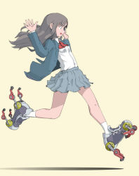 Rule 34 | 1girl, blouse, collared shirt, from side, full body, joints, long hair, machine, original, robot joints, running, school uniform, science fiction, shirt, shoes, simple background, skirt, socks, solo, sukabu, v-shaped eyebrows, white shirt, white socks, yellow background