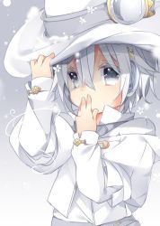 Rule 34 | 1girl, arm up, bad id, bad pixiv id, covering own mouth, covering privates, gradient background, grey eyes, hand on own face, hat, holding, holding clothes, holding hat, kazato fuuchi, long sleeves, looking at viewer, original, puffy long sleeves, puffy sleeves, short hair, solo, upper body, white hair, white hat, white theme
