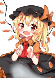 Rule 34 | 1girl, absurdres, adapted costume, alternate costume, ascot, bad id, bad twitter id, begging, black dress, black hat, blonde hair, bow, collared shirt, dress, fangs, flandre scarlet, frilled dress, frills, halloween, halloween costume, hanen (borry), hat, hat bow, hat ribbon, heart, highres, medium hair, mob cap, one-hour drawing challenge, open mouth, orange bow, orange ribbon, orange shirt, puffy short sleeves, puffy sleeves, red ascot, red eyes, ribbon, shirt, short sleeves, side ponytail, simple background, solo, touhou, white background, wings