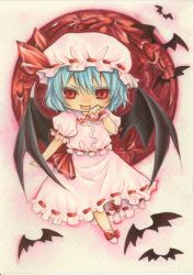 Rule 34 | 1girl, bat (animal), chibi, female focus, full moon, hand to own mouth, hat, mob cap, moon, red moon, remilia scarlet, ribbon, shiratama (mofutto), skirt, solo, touhou, wings