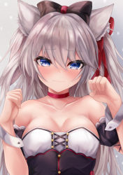 Rule 34 | 1girl, absurdres, animal ear fluff, animal ears, azur lane, bare shoulders, black bow, black sleeves, blue eyes, blush, bow, breasts, cat ears, choker, cleavage, closed mouth, collarbone, commentary request, detached sleeves, grey hair, hair between eyes, hair bow, hair ribbon, hammann (azur lane), hands up, highres, long hair, medium breasts, puffy short sleeves, puffy sleeves, red choker, red ribbon, ribbon, ryara, short sleeves, solo, two side up, upper body, very long hair, wrist cuffs