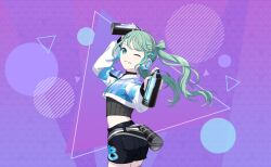 Rule 34 | 1girl, aqua eyes, belt, black shorts, blue jacket, blue nails, can, circle, colorful palette, cowboy shot, cropped jacket, diagonal stripes, dot nose, drill hair, fingernails, green hair, grey sweater, grin, hands up, hatsune miku, headphones, highres, holding, holding can, jacket, long hair, looking at viewer, looking back, multicolored clothes, multicolored jacket, official art, on your feet (project sekai), one eye closed, project sekai, purple background, ribbed sweater, shorts, sidelocks, simple background, smile, solo, spray can, striped background, striped clothes, striped jacket, sweater, swept bangs, teeth, third-party source, triangle, twin drills, twintails, two-tone jacket, vivid bad squad (project sekai), vivid bad squad miku, vocaloid, wavy hair, white belt, white jacket, zipper pull tab