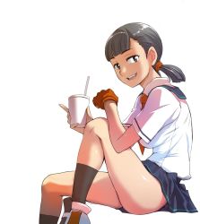 Rule 34 | 1girl, black socks, blue sailor collar, blue skirt, blunt bangs, commentary request, cup, drinking straw, ez6, gloves, grey eyes, grey hair, highres, holding, holding cup, knee up, kneehighs, looking at viewer, looking to the side, medium hair, miniskirt, necktie, original, pleated skirt, red gloves, red necktie, sailor collar, school uniform, serafuku, shirt, shirt tucked in, short sleeves, short twintails, simple background, single glove, sitting, skirt, socks, solo, thighs, twintails, white background, white footwear, white shirt
