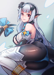 Rule 34 | 1girl, anklet, ass, black hairband, black horns, black tail, blue panties, blunt bangs, blush, bow, breasts, cleavage, epic seven, hairband, highres, horns, jewelry, looking at viewer, open mouth, panties, pointy ears, red eyes, silver hair, simple background, smile, solo, tail, tail bow, tail bracelet, tail ornament, tdh123, underwear, yufine (epic seven)