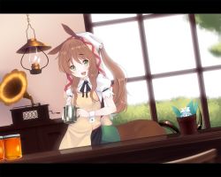 Rule 34 | animal ears, brown eyes, centaur, counter, dutch angle, fairy, green eyes, horse ears, indoors, kiyomin, lamp, letterboxed, long hair, looking at viewer, monster girl, open mouth, original, phonograph, plant, ponytail, potted plant, reflection, smile, solo, standing, tankard, taur, window