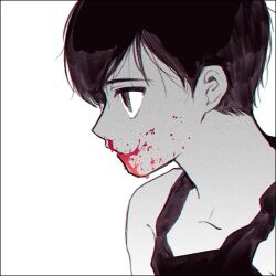 Rule 34 | 1boy, black eyes, black hair, black tank top, blood, blood on face, blood on mouth, closed mouth, collarbone, colored skin, expressionless, from side, hair behind ear, no pupils, omori, omori (omori), ryaa1234, short hair, solo, tank top, white background, white skin