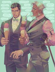 Rule 34 | 2boys, bara, beard, black hair, black jacket, black pants, black vest, bow, bowtie, cane, closed mouth, collared shirt, dark-skinned male, dark skin, earrings, facial hair, food, formal, glasses, goatee, highres, holding, holding cane, holding food, ice cream, ice cream cone, jacket, jewelry, large pectorals, looking at another, male focus, mature male, multiple boys, muscular, muscular male, necktie, open clothes, open jacket, open mouth, original, pants, pectorals, ring, shirt, short hair, sideburns, smile, spoon, suit, thick eyebrows, ueno kishi, vest, white hair, white shirt