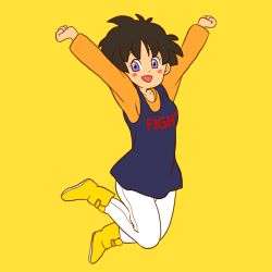 Rule 34 | 1girl, :d, ankle boots, arms up, black hair, blue eyes, blush, blush stickers, boots, clenched hands, dragon ball, dragonball z, full body, jumping, long sleeves, looking at viewer, lowres, mushroomcatnumberplate, open mouth, pants, short hair, simple background, smile, solo, videl, yellow background, yellow footwear