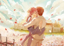 1boy 1girl absurdres architecture blush bow breasts building castle closed_eyes cloud couple day dress emiya_shirou fate/stay_night fate_(series) field flower flower_field grass hair_flower hair_ornament hairclip heads_together hetero highres hug igote landscape long_hair long_sleeves momomiya_shizuku non-web_source open_mouth orange_hair original outdoors petals pink_flower raglan_sleeves red_hair rose scenery smile tower tree white_flower