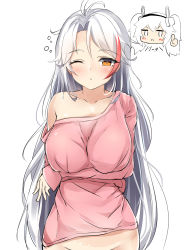 Rule 34 | 2girls, absurdres, animal ears, antenna hair, arms under breasts, azur lane, bare shoulders, blush, breast hold, breasts, brown eyes, chibi, chibi inset, closed mouth, collarbone, groin, hair between eyes, hairband, highres, laffey (azur lane), large breasts, long hair, long sleeves, looking at viewer, moyoron, multicolored hair, multiple girls, off shoulder, one eye closed, parted bangs, parted lips, pink shirt, prinz eugen (azur lane), rabbit ears, shirt, sidelocks, silver hair, simple background, sleepy, sleeves past wrists, solo focus, streaked hair, white background