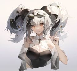 Rule 34 | ambience synesthesia, animal ears, arknights, bare shoulders, black hair, black nails, breasts, brown eyes, cleavage, cleavage cutout, clothing cutout, commentary request, cropped torso, dress, eyewear on head, feater (arknights), gradient background, grey background, hand up, highres, index finger raised, laoxianyua, large breasts, long hair, looking at viewer, nail polish, panda ears, shawl, silver hair, sleeveless, sleeveless dress, smile, solo, sunglasses, twintails, upper body