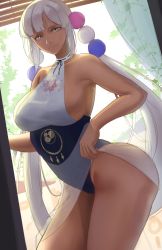 Rule 34 | 1girl, absurdres, artist request, breasts, dark-skinned female, dark skin, halter leotard, halterneck, highres, hololive, hololive english, huge filesize, large breasts, leotard, outdoors, sideboob, solo, tsukumo sana, twintails, virtual youtuber, white hair, yellow eyes