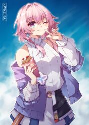 Rule 34 | 1girl, ;), ;q, absurdres, bare shoulders, blue eyes, blue jacket, blue sky, cloud, commentary, cowboy shot, crepe, day, food, gradient eyes, gradient jacket, hair intakes, hands up, highres, holding, holding food, honkai: star rail, honkai (series), jacket, kwkunai, long hair, long sleeves, looking at viewer, march 7th (honkai: star rail), multicolored eyes, one eye closed, pink hair, purple eyes, purple jacket, ribbed sweater, skirt, sky, sleeveless, sleeveless turtleneck, smile, solo, standing, sweater, tongue, tongue out, turtleneck, white skirt, white sweater