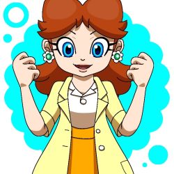 Rule 34 | 1girl, blue eyes, brown hair, dr. mario (game), dr. mario world, earrings, flower earrings, hand up, jewelry, looking at viewer, mario (series), nintendo, open mouth, orange skirt, princess daisy, short hair, skirt, smile, solo, standing, super mario land