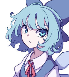 Rule 34 | 1girl, :/, absurdres, blue eyes, blue hair, bow, cirno, closed mouth, dress, eye reflection, eyebrows hidden by hair, hair bow, highres, ice, ice wings, kame (kamepan44231), looking at viewer, one-hour drawing challenge, red neckwear, red ribbon, reflection, ribbon, shirt, short hair, simple background, solo, touhou, white background, white shirt, wings