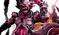 Rule 34 | :d, arm guards, collarbone, colored skin, dragon ball, dragonball z, helmet, janemba, male focus, no humans, open mouth, pink skin, pointy ears, red skin, sayakata katsumi, sharp teeth, simple background, smile, solo, tail, teeth, white background, yellow eyes