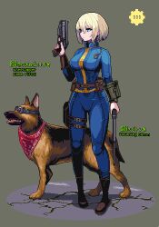 Rule 34 | 1girl, baton, blonde hair, blue jumpsuit, boots, dog, dogmeat, dual wielding, e79, english text, fallout (series), fallout 4, goggles, gun, handgun, holding, jumpsuit, looking to the side, neckerchief, pip boy, pixel art, pouch, short hair, solo, trigger discipline, weapon