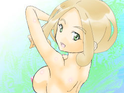 Rule 34 | 10s, 1girl, alternate color, back, breasts, breasts out, brown hair, creatures (company), game freak, green eyes, gym leader, looking back, nintendo, nipples, no bra, nude, open mouth, pokemon, pokemon xy, short hair, smile, solo, tank top, tongue, umikusa, viola (pokemon)