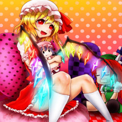 Rule 34 | 1girl, abazure, blonde hair, character doll, embodiment of scarlet devil, fang, female focus, flandre scarlet, glowing, halftone, halftone background, heart, heart-shaped pillow, hong meiling, kneehighs, knife, legs, pillow, red eyes, red hair, remilia scarlet, short hair, side ponytail, sitting, socks, solo, throwing knife, touhou, weapon, white socks, wings