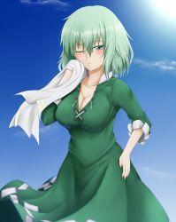 Rule 34 | 1girl, ;/, blush, breasts, cleavage, closed mouth, collarbone, cowboy shot, dress, gnlo, green dress, green eyes, green hair, hand on own hip, large breasts, matching hair/eyes, no headwear, no headwear, one eye closed, short hair, soga no tojiko, solo, sunlight, sweat, touhou, wiping sweat