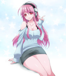 Rule 34 | 1girl, bare shoulders, breasts, cleavage, emappo, headphones, large breasts, long hair, looking at viewer, nitroplus, pink hair, red eyes, smile, solo, super sonico