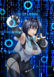 Rule 34 | 1girl, absurdres, black gloves, blue eyes, blue hair, bow, bow earrings, chain, clothing cutout, cross, detached sleeves, digital rain, earrings, english text, gloves, hair intakes, highres, ho2nium, hololive, hololive english, jewelry, looking at viewer, meme, ouro kronii, photo-referenced, short hair, skirt, virtual youtuber