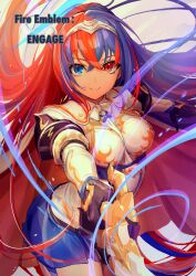 Rule 34 | 1girl, absurdres, alear (female) (fire emblem), alear (fire emblem), armor, black gloves, blue eyes, blue hair, closed mouth, fire emblem, fire emblem engage, gloves, highres, holding, holding sword, holding weapon, long hair, looking at viewer, moyashi mou2, multicolored hair, nintendo, red eyes, red hair, skirt, smile, sword, two-tone hair, very long hair, weapon, white background