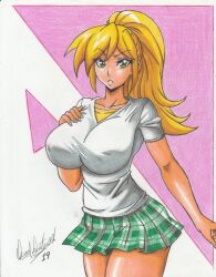 Rule 34 | 1girl, 2019, blonde hair, breasts, collarbone, eyeshadow, female focus, green eyes, green skirt, hand on own chest, highres, large breasts, makeup, nail, nina (sanity not included), plaid, plaid skirt, ponytail, ravernclouk design, sanity not included, shirt, shirt under shirt, simple background, skirt, solo, thick thighs, thighs, traditional media, triangle background, white shirt, yellow shirt