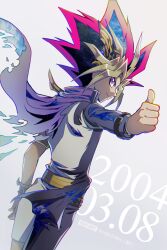 Rule 34 | 1boy, belt, black belt, black hair, blonde hair, bracelet, closed mouth, grey background, grey pants, grey shirt, grin, highres, jewelry, long sleeves, male focus, multicolored hair, outstretched arm, pants, raijin-bh, red eyes, red hair, shirt, smile, solo, spiked hair, thumbs up, yami yugi, yu-gi-oh!, yu-gi-oh! duel monsters