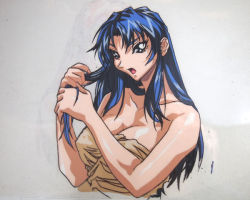 Rule 34 | 1990s (style), 1girl, adjusting hair, after bathing, blue hair, breasts, cel, choujin gakuen gowcaizer, cleavage, hishizaki shaia (gowcaizer), looking at viewer, oobari masami, open mouth, retro artstyle, solo, towel, upper body, wet