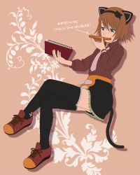 Rule 34 | 00s, 1girl, animal ears, aqua eyes, bad id, book, bread slice, brown hair, cat ears, cat tail, crossed legs, eating, food, hairband, hanosuke, holding, holding book, official alternate costume, open book, rita mordio, sitting, skirt, solo, tail, tales of (series), tales of vesperia, thighhighs, toast, translation request