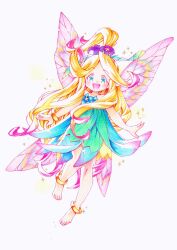 Rule 34 | 1girl, bare shoulders, barefoot, blonde hair, blue eyes, blush, butterfly wings, commentary request, dress, faerie (seiken densetsu 3), full body, highres, insect wings, long hair, looking at viewer, motoko (taom), open mouth, pointy ears, seiken densetsu, seiken densetsu 3, simple background, smile, solo, very long hair, wings
