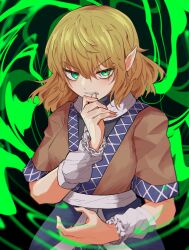 Rule 34 | 1girl, absurdres, arm warmers, bags under eyes, biting, biting own thumb, black shirt, blonde hair, breasts, brown shirt, clenched teeth, commentary request, cowboy shot, fingernails, green background, green eyes, highres, looking at viewer, medium breasts, medium hair, mizuhashi parsee, odoro (nicoseiga81184094), pointy ears, sash, scarf, shirt, short sleeves, solo, teeth, biting own thumb, touhou, undershirt, v-shaped eyebrows, white sash, white scarf