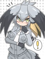 Rule 34 | !, 1girl, :/, arm under breasts, bird girl, bird tail, bird wings, black gloves, blonde hair, blush stickers, bodystocking, breast pocket, breasts, brown hair, chibi, closed mouth, collared shirt, fingerless gloves, gloves, green eyes, grey hair, grey shirt, grey shorts, hair between eyes, hand on own chin, hand up, head wings, kemono friends, large breasts, layered sleeves, long hair, long sleeves, looking at viewer, medium breasts, multicolored hair, necktie, outline, pocket, shirt, shoebill (kemono friends), short over long sleeves, short sleeves, shorts, side ponytail, slit pupils, solo, spoken exclamation mark, tail, upper body, white necktie, white outline, wing collar, wings, wirou
