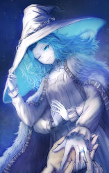 Rule 34 | 1girl, absurdres, blue eyes, blue hair, blue skin, cloak, closed mouth, colored skin, cracked skin, dress, elden ring, extra arms, extra faces, fur cloak, hat, highres, jewelry, kiiro (cocoa080), long sleeves, looking at viewer, one eye closed, ranni the witch, ring, short hair, smile, solo focus, white dress, white headwear, witch hat